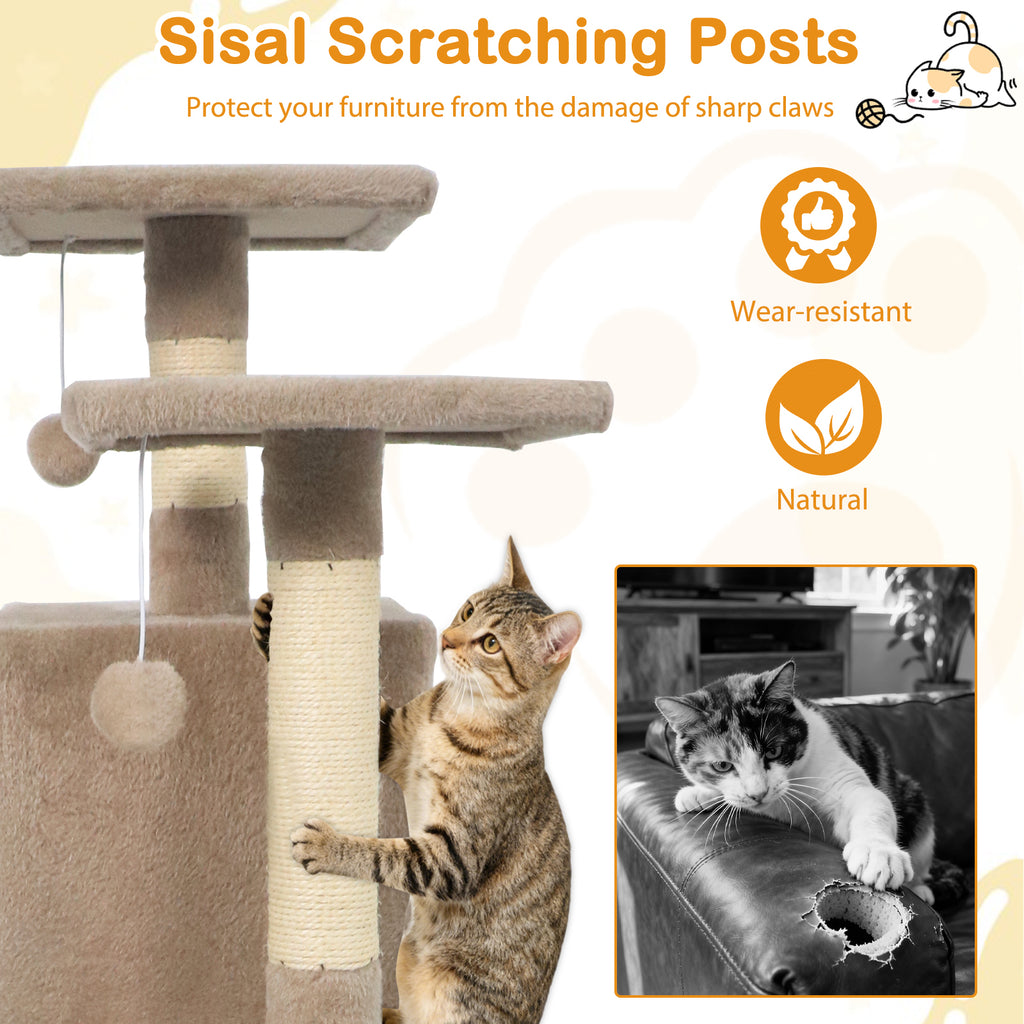57 Inch Cat Tree with Dual Condos Hammock & Dangling Balls - Coffee Variation