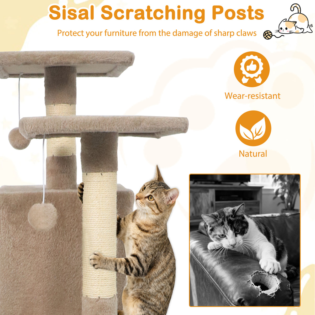 57 Inch Cat Tree with Dual Condos Hammock & Dangling Balls - Coffee Variation