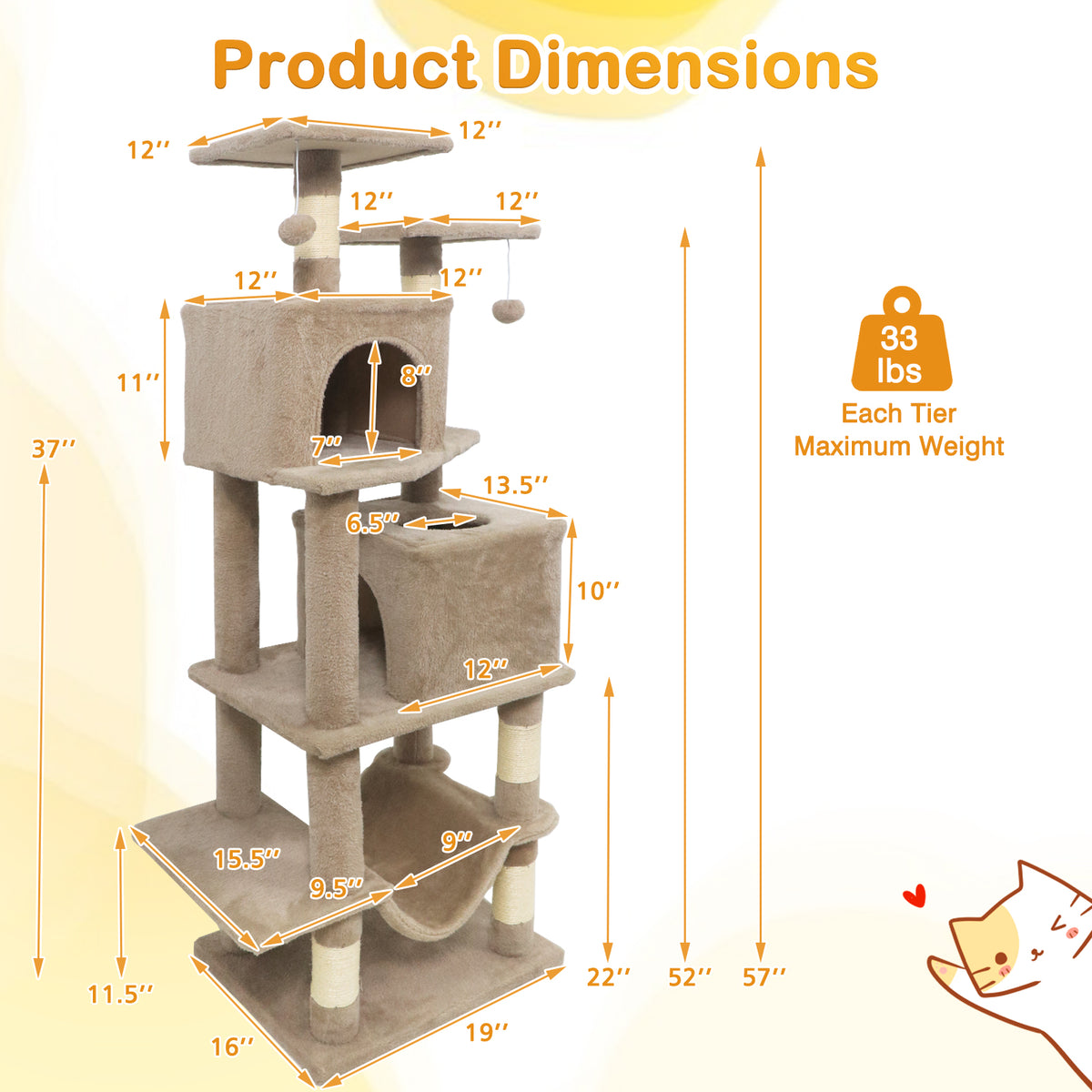 57 Inch Cat Tree with Dual Condos Hammock & Dangling Balls - Coffee Variation