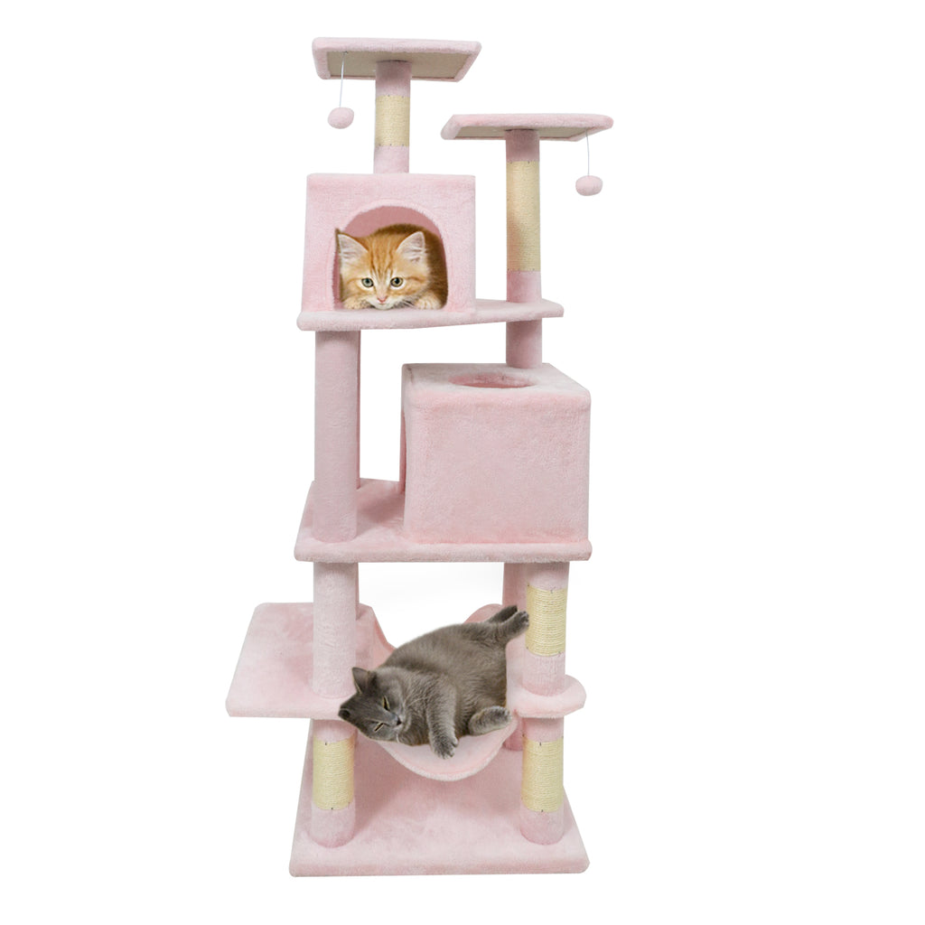 Pink 57 Inch Cat Tree with Dual Condos Hammock and Dangling Balls - Costway