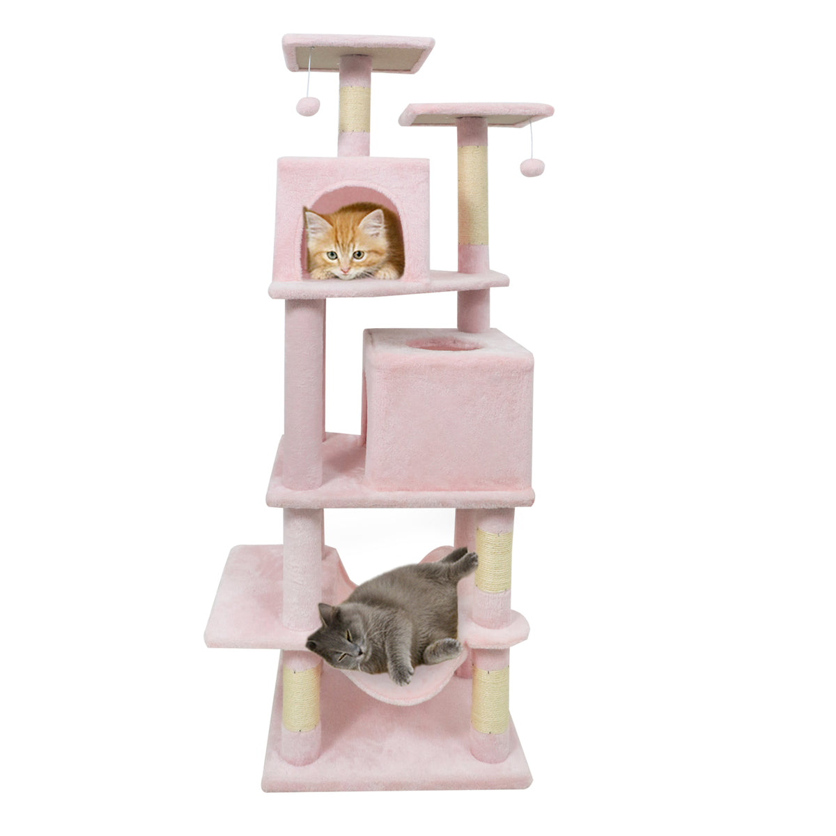 Pink 57 Inch Cat Tree with Dual Condos Hammock and Dangling Balls - Costway