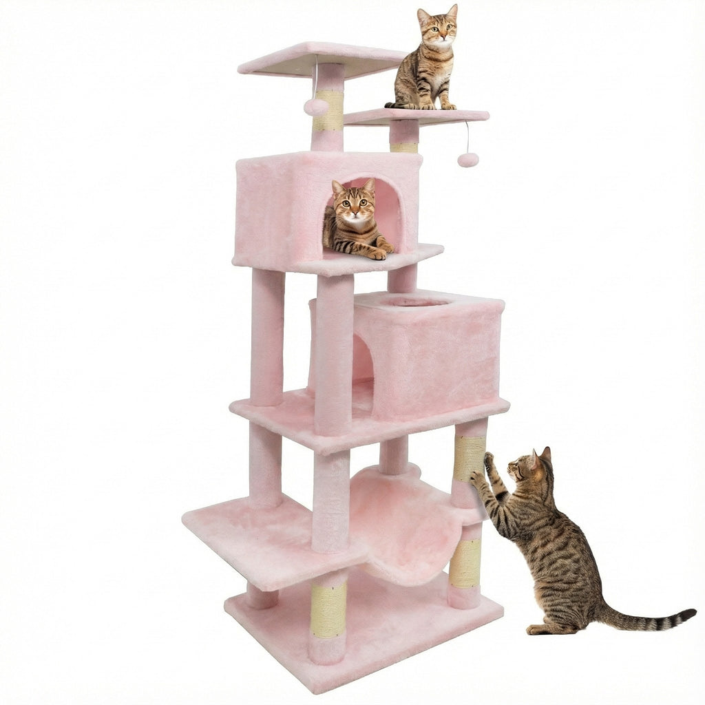 Pink 57 Inch Cat Tree with Dual Condos Hammock and Dangling Balls - Costway