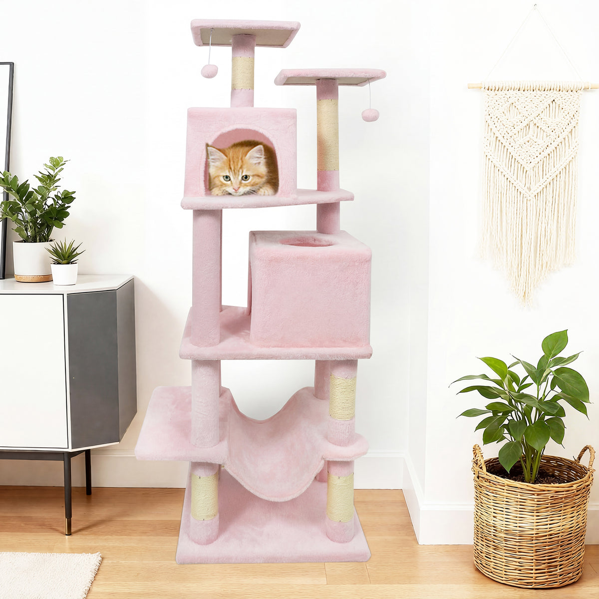 Pink 57 Inch Cat Tree with Dual Condos Hammock and Dangling Balls - Costway