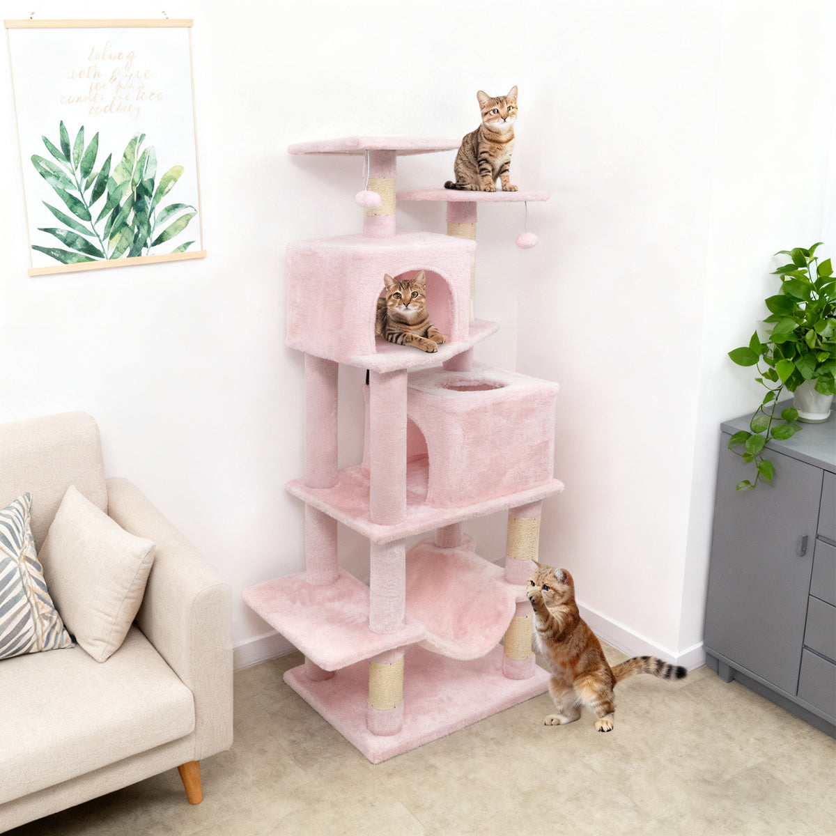 Pink 57 Inch Cat Tree with Dual Condos Hammock and Dangling Balls - Costway