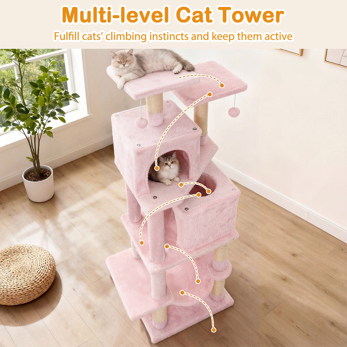 Pink 57 Inch Cat Tree with Dual Condos Hammock and Dangling Balls - Costway