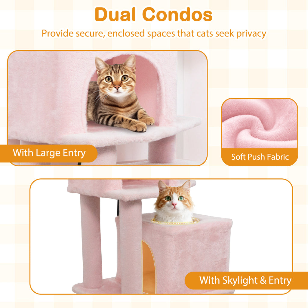 Pink 57 Inch Cat Tree with Dual Condos Hammock and Dangling Balls - Costway