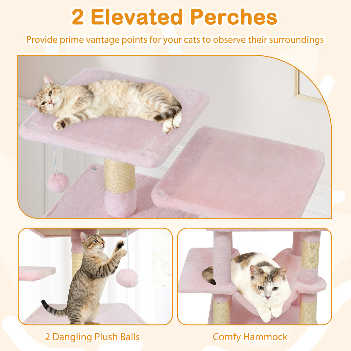 Pink 57 Inch Cat Tree with Dual Condos Hammock and Dangling Balls - Costway