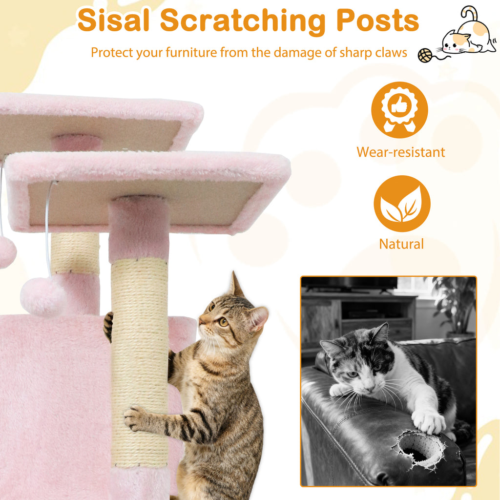 Pink 57 Inch Cat Tree with Dual Condos Hammock and Dangling Balls - Costway
