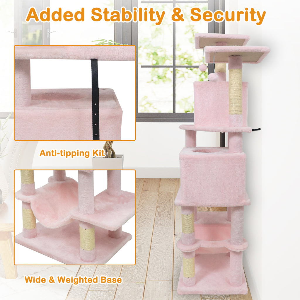 Pink 57 Inch Cat Tree with Dual Condos Hammock and Dangling Balls - Costway