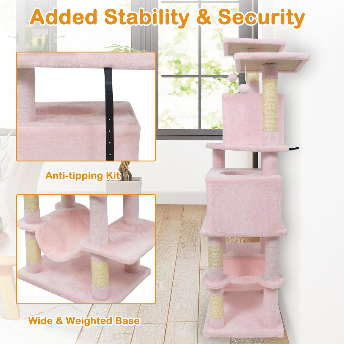 Pink 57 Inch Cat Tree with Dual Condos Hammock and Dangling Balls - Costway