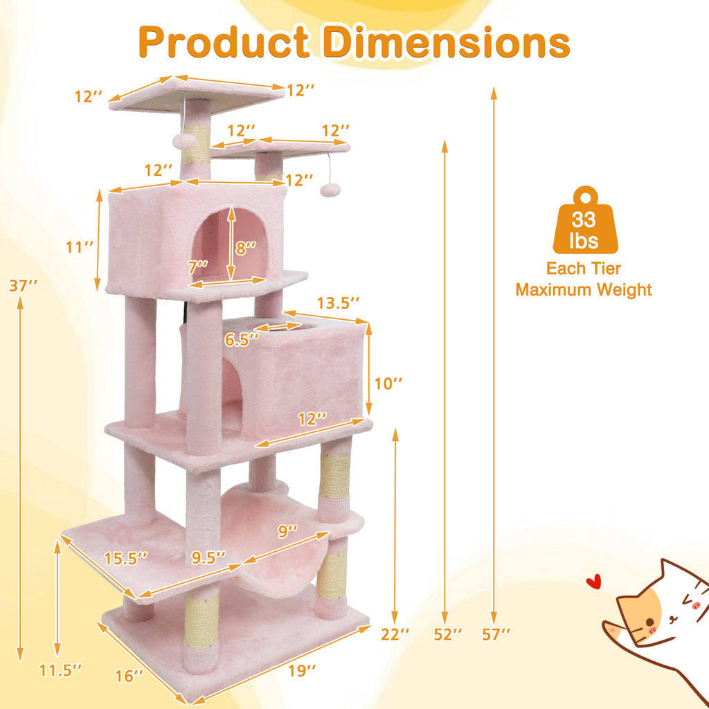 Pink 57 Inch Cat Tree with Dual Condos Hammock and Dangling Balls - Costway