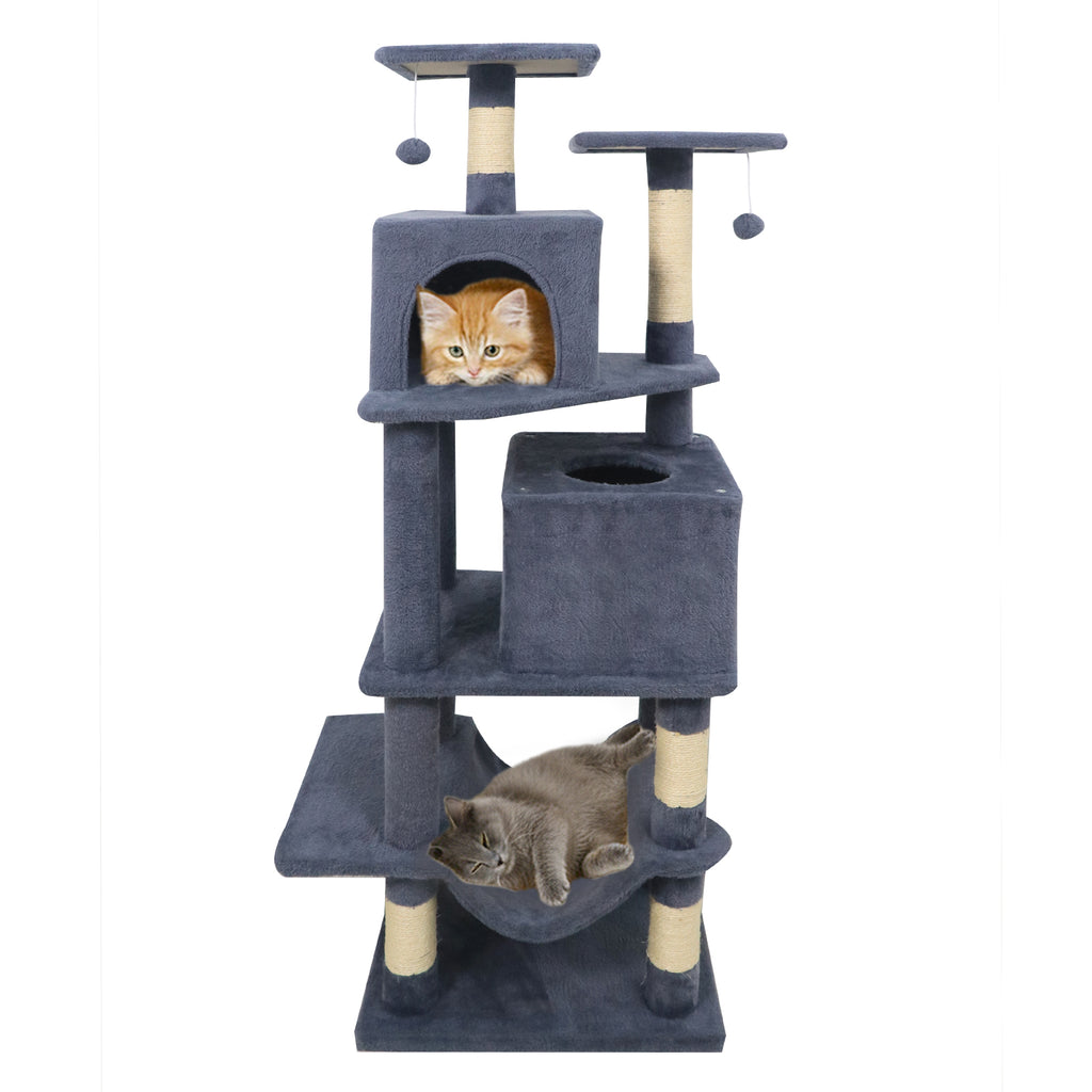Gray 57 Inch Cat Tree with Dual Condos Hammock & Dangling Balls