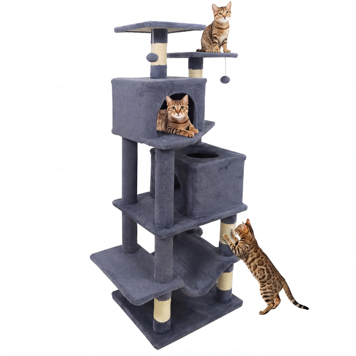 Gray 57 Inch Cat Tree with Dual Condos Hammock & Dangling Balls