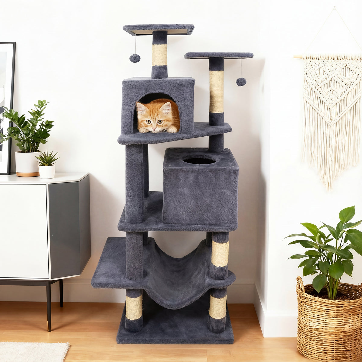 Gray 57 Inch Cat Tree with Dual Condos Hammock & Dangling Balls