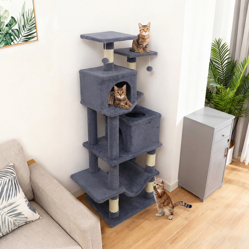 Gray 57 Inch Cat Tree with Dual Condos Hammock & Dangling Balls