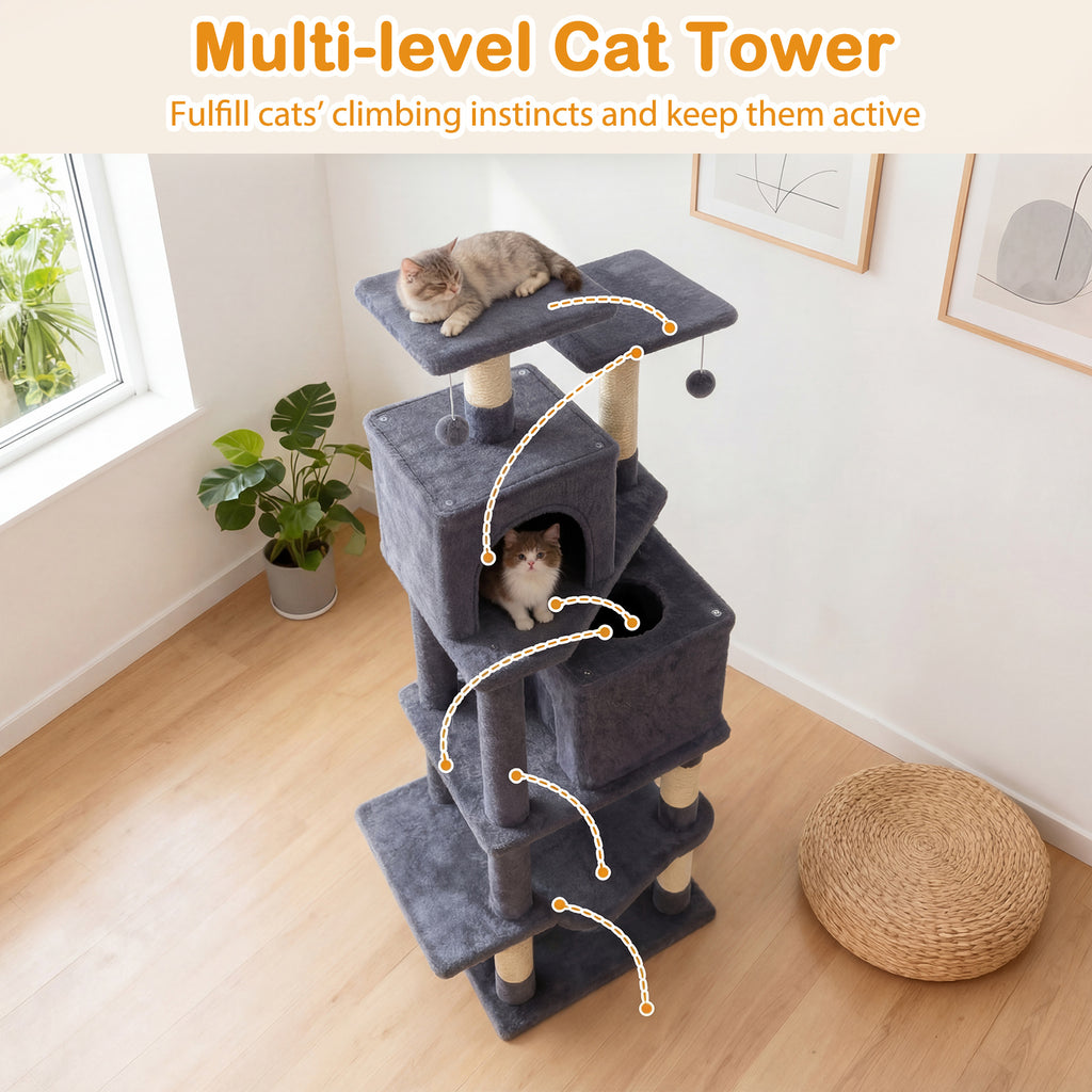 Gray 57 Inch Cat Tree with Dual Condos Hammock & Dangling Balls