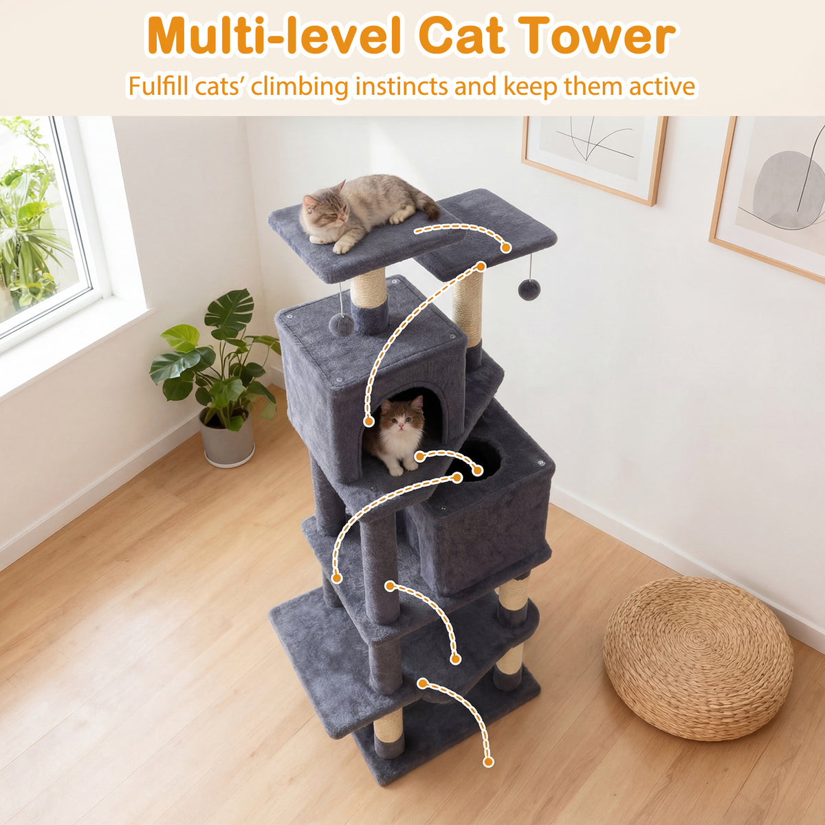 Gray 57 Inch Cat Tree with Dual Condos Hammock & Dangling Balls