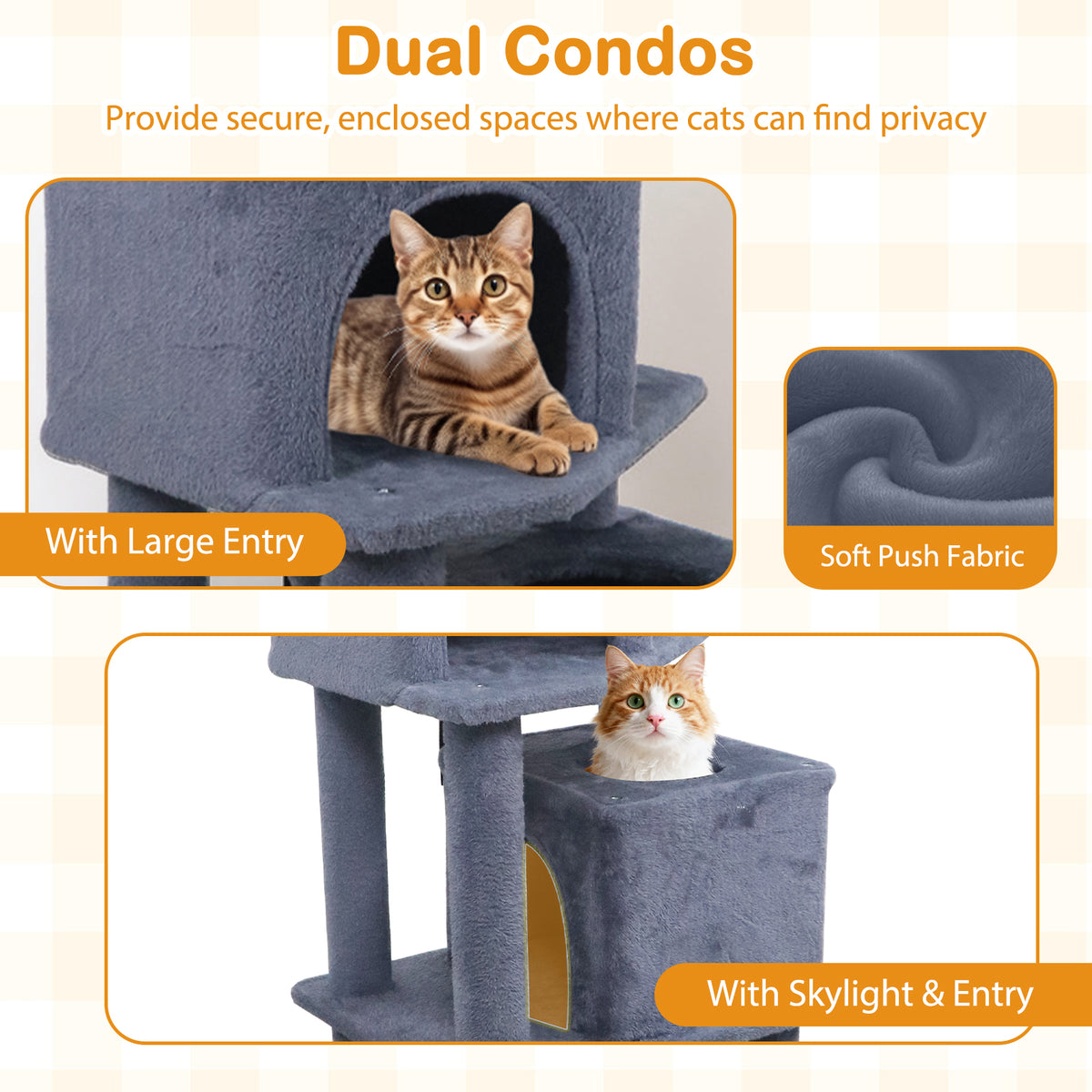 Gray 57 Inch Cat Tree with Dual Condos Hammock & Dangling Balls