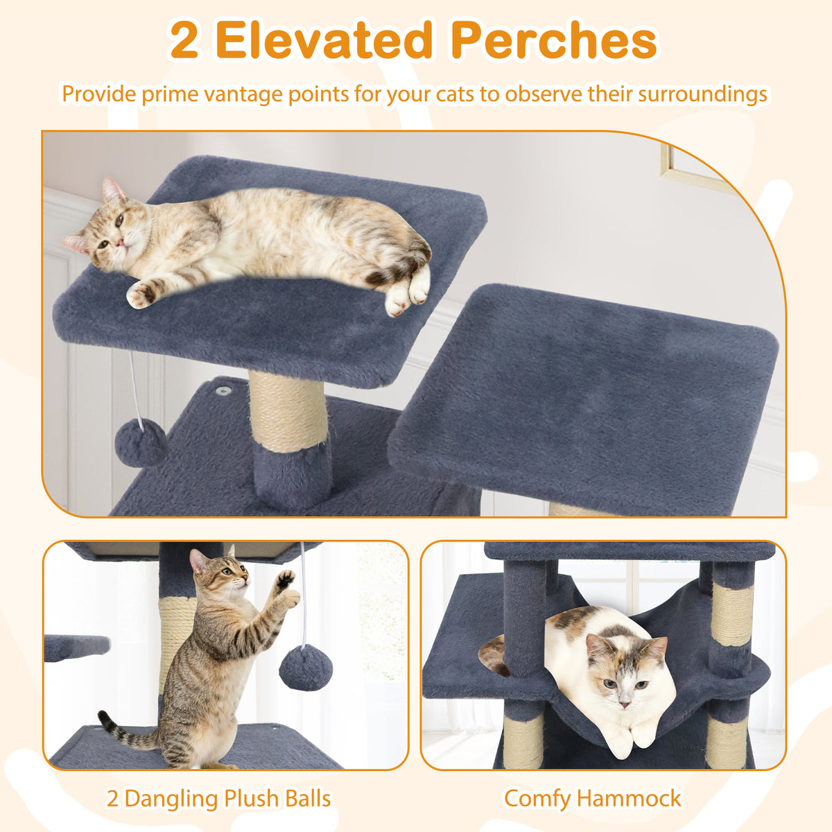 Gray 57 Inch Cat Tree with Dual Condos Hammock & Dangling Balls