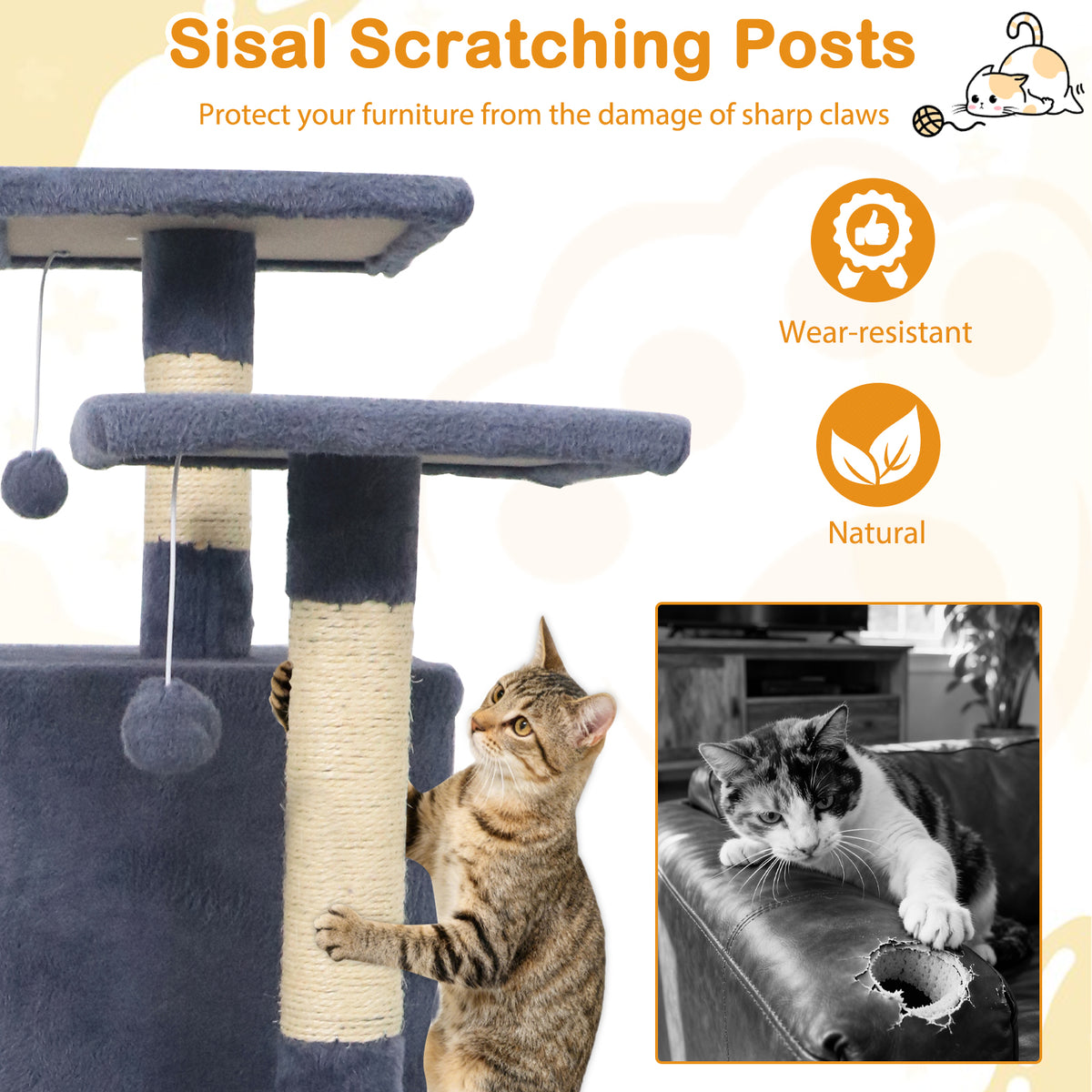 Gray 57 Inch Cat Tree with Dual Condos Hammock & Dangling Balls