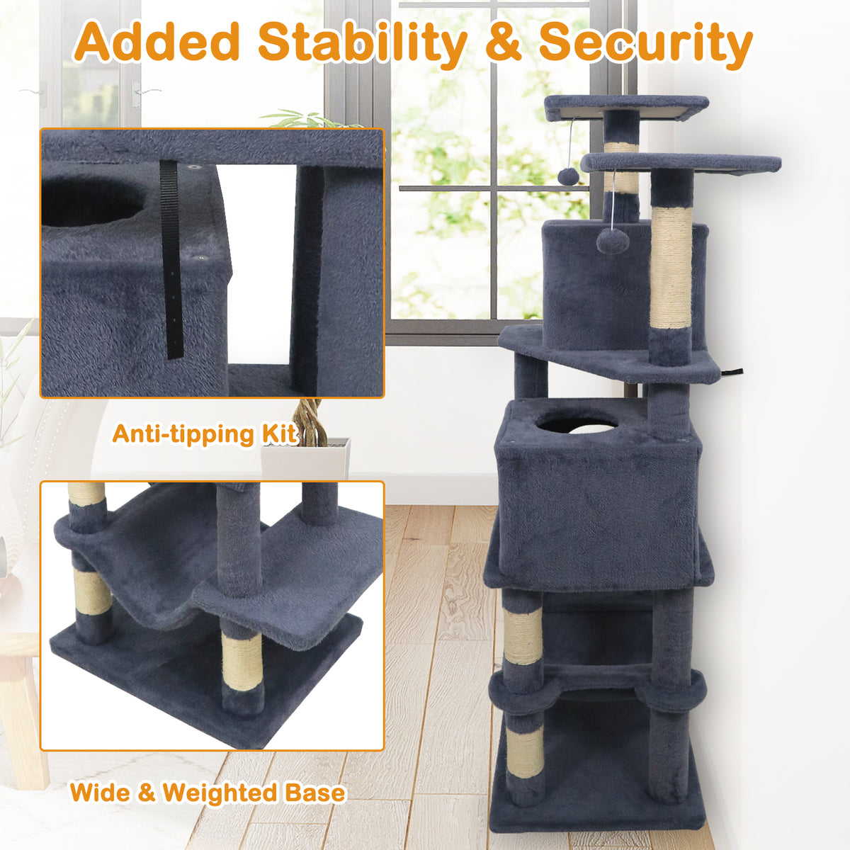 Gray 57 Inch Cat Tree with Dual Condos Hammock & Dangling Balls
