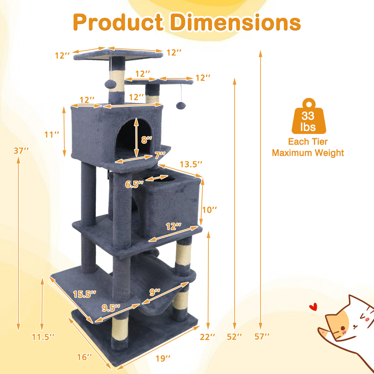 Gray 57 Inch Cat Tree with Dual Condos Hammock & Dangling Balls