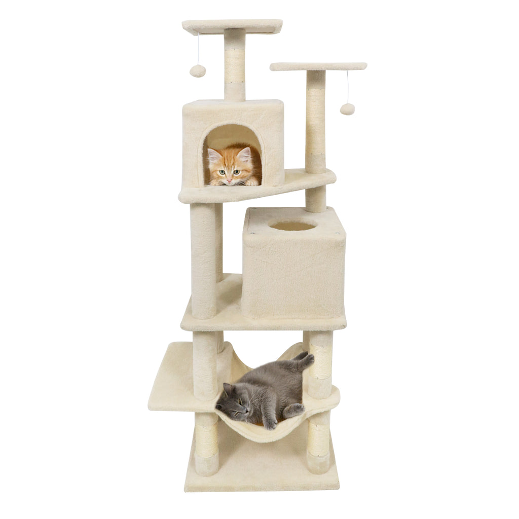 Beige 57 Inch Cat Tree with Dual Condos Hammock & Dangling Balls - Costway