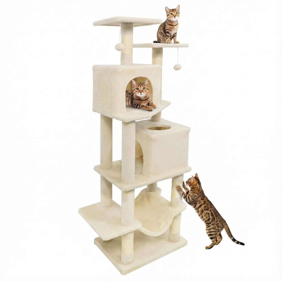 Beige 57 Inch Cat Tree with Dual Condos Hammock & Dangling Balls - Costway