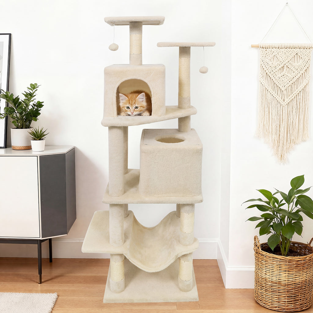 Beige 57 Inch Cat Tree with Dual Condos Hammock & Dangling Balls - Costway