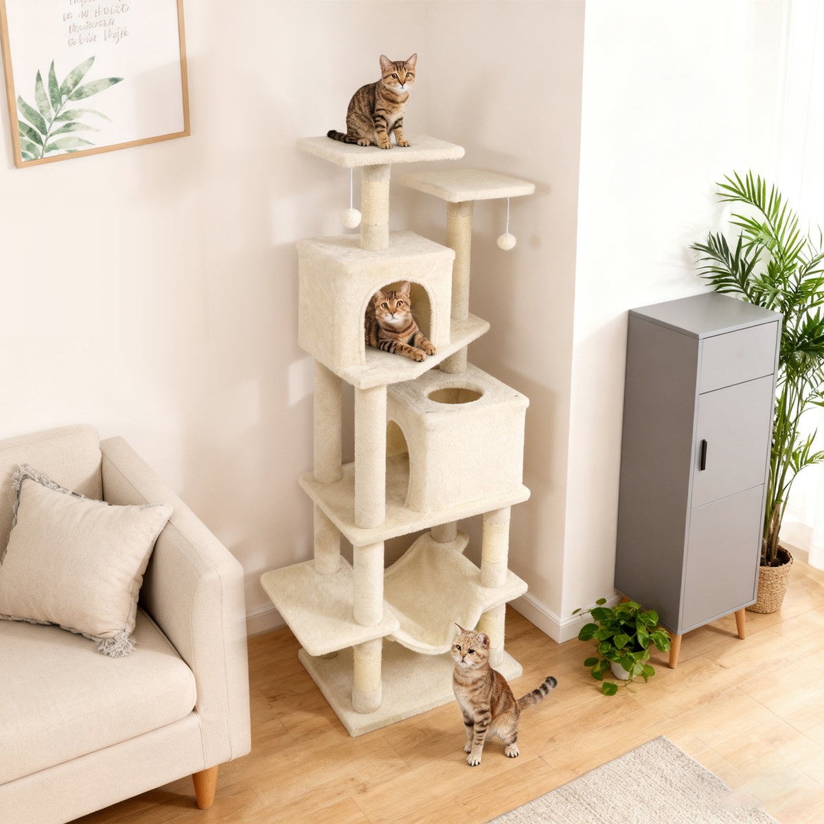 Beige 57 Inch Cat Tree with Dual Condos Hammock & Dangling Balls - Costway