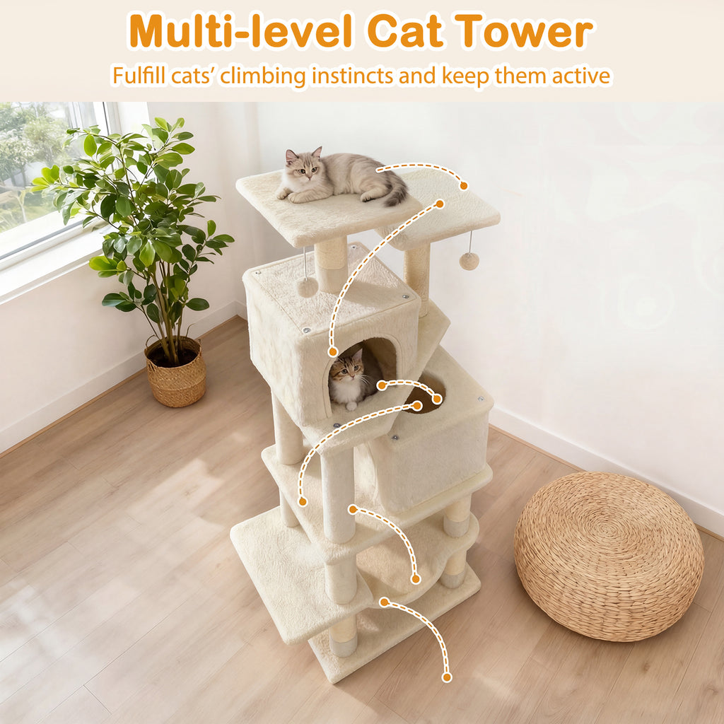 Beige 57 Inch Cat Tree with Dual Condos Hammock & Dangling Balls - Costway