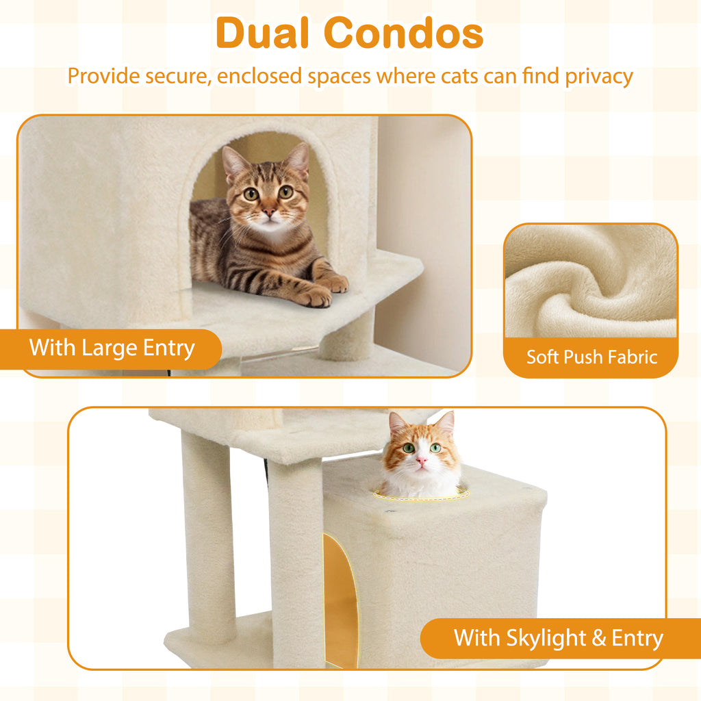 Beige 57 Inch Cat Tree with Dual Condos Hammock & Dangling Balls - Costway
