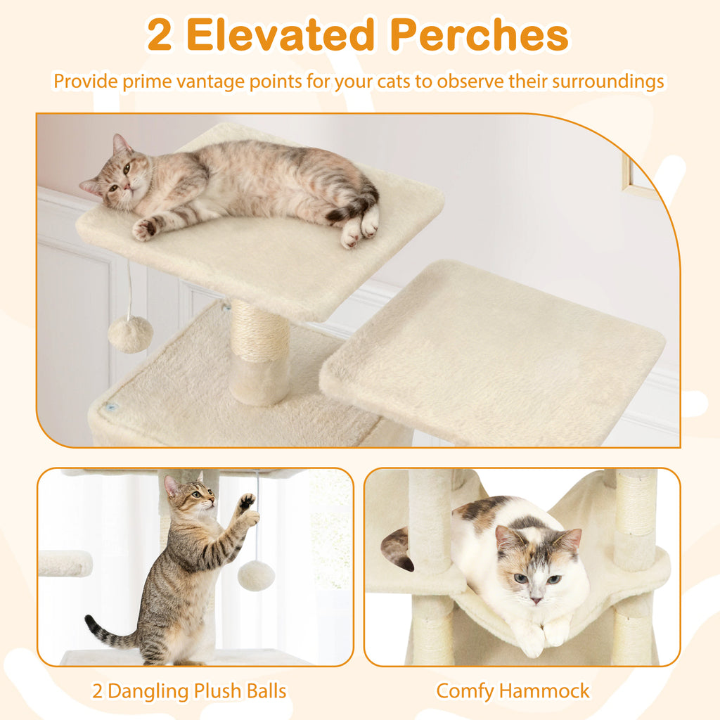 Beige 57 Inch Cat Tree with Dual Condos Hammock & Dangling Balls - Costway