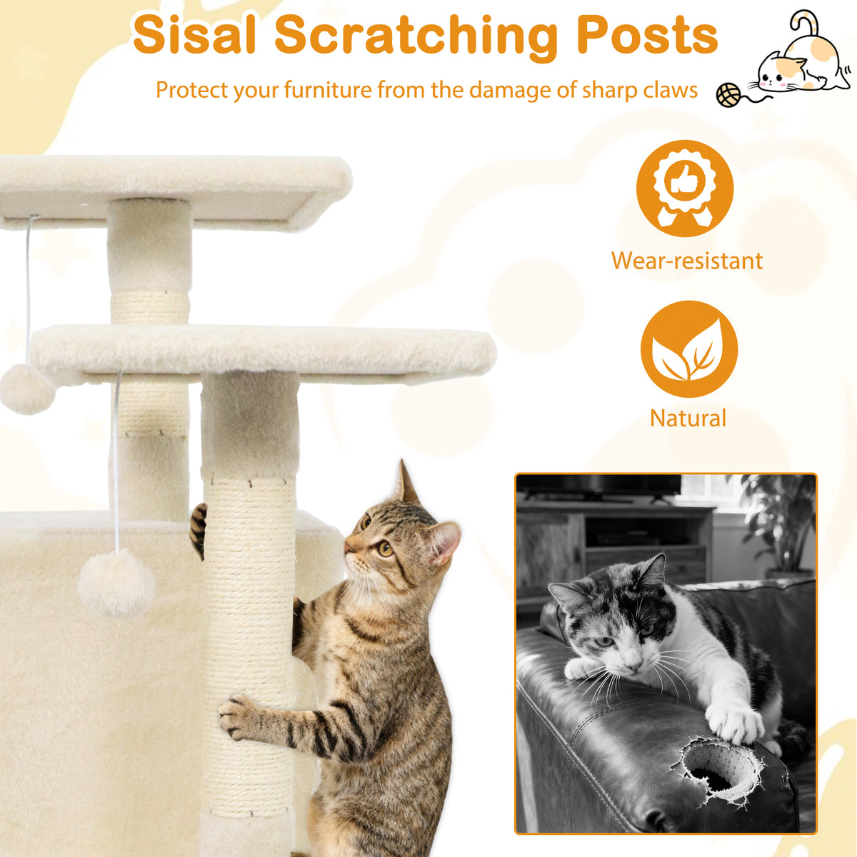 Beige 57 Inch Cat Tree with Dual Condos Hammock & Dangling Balls - Costway