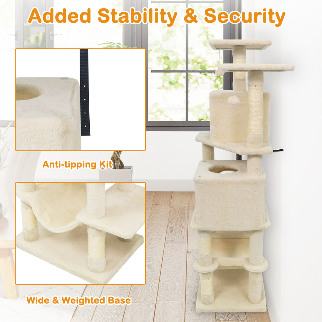 Beige 57 Inch Cat Tree with Dual Condos Hammock & Dangling Balls - Costway