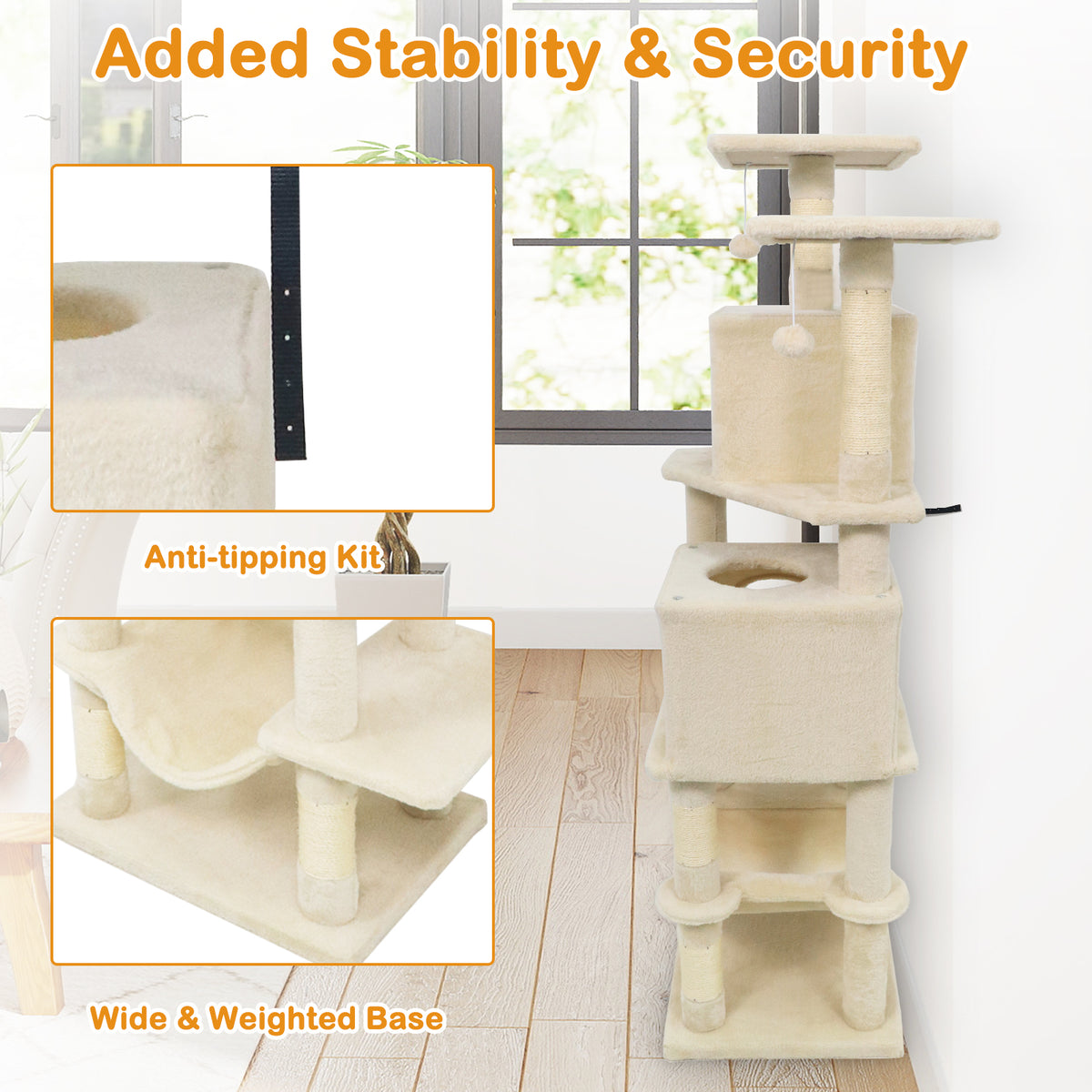 Beige 57 Inch Cat Tree with Dual Condos Hammock & Dangling Balls - Costway