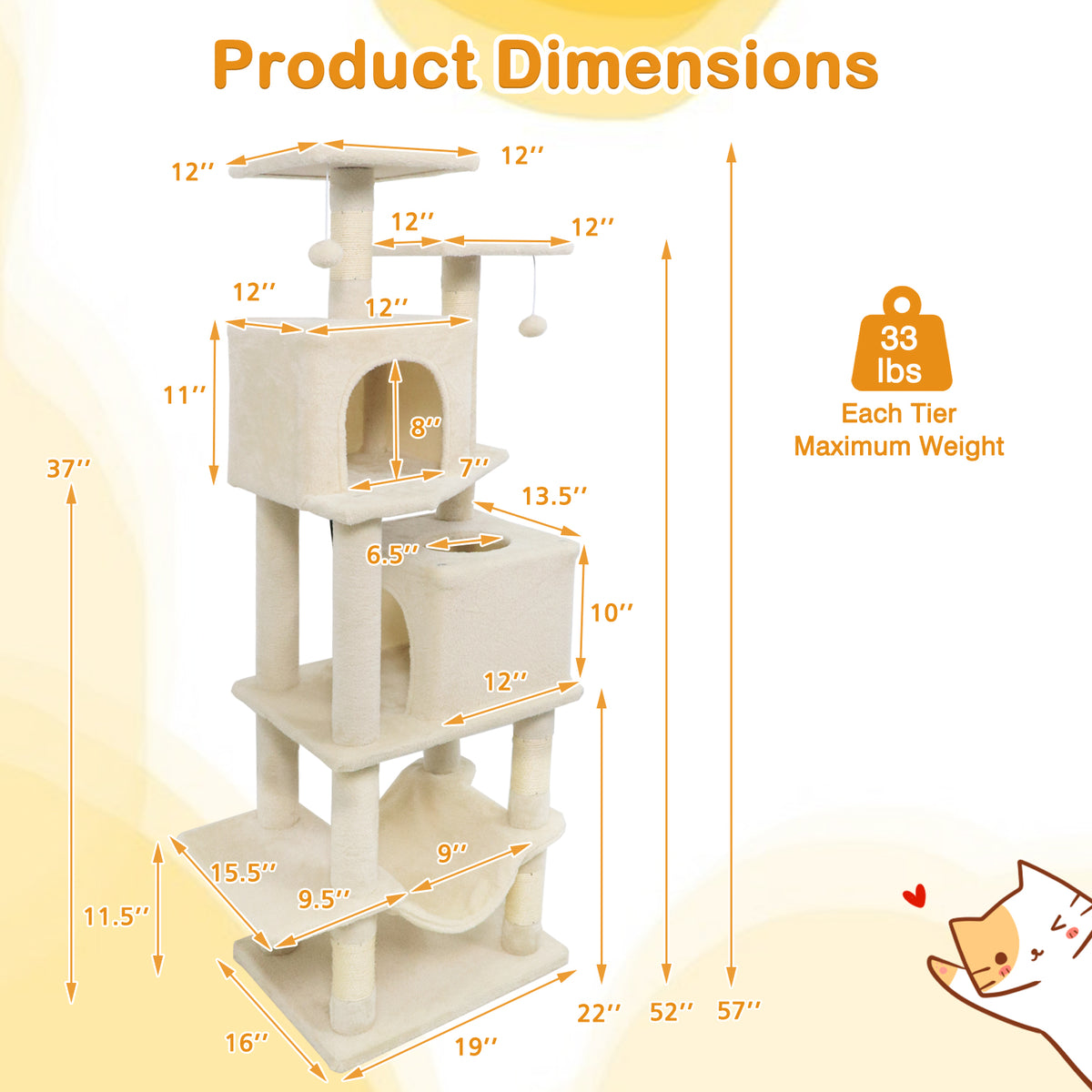 Beige 57 Inch Cat Tree with Dual Condos Hammock & Dangling Balls - Costway