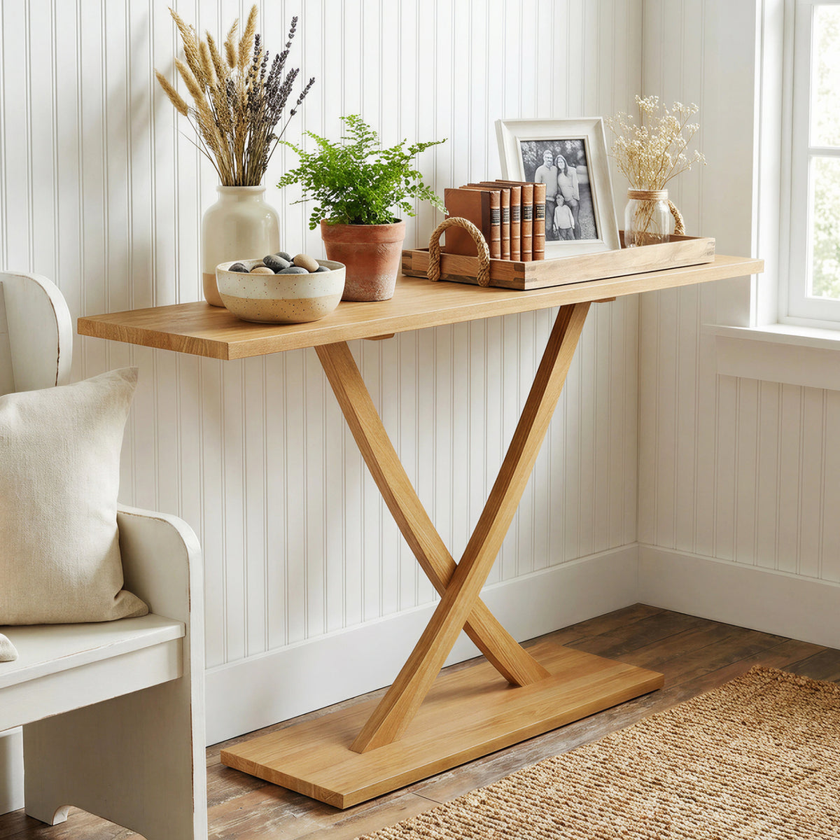 57" Teak Wood Console Table with Geometric Design