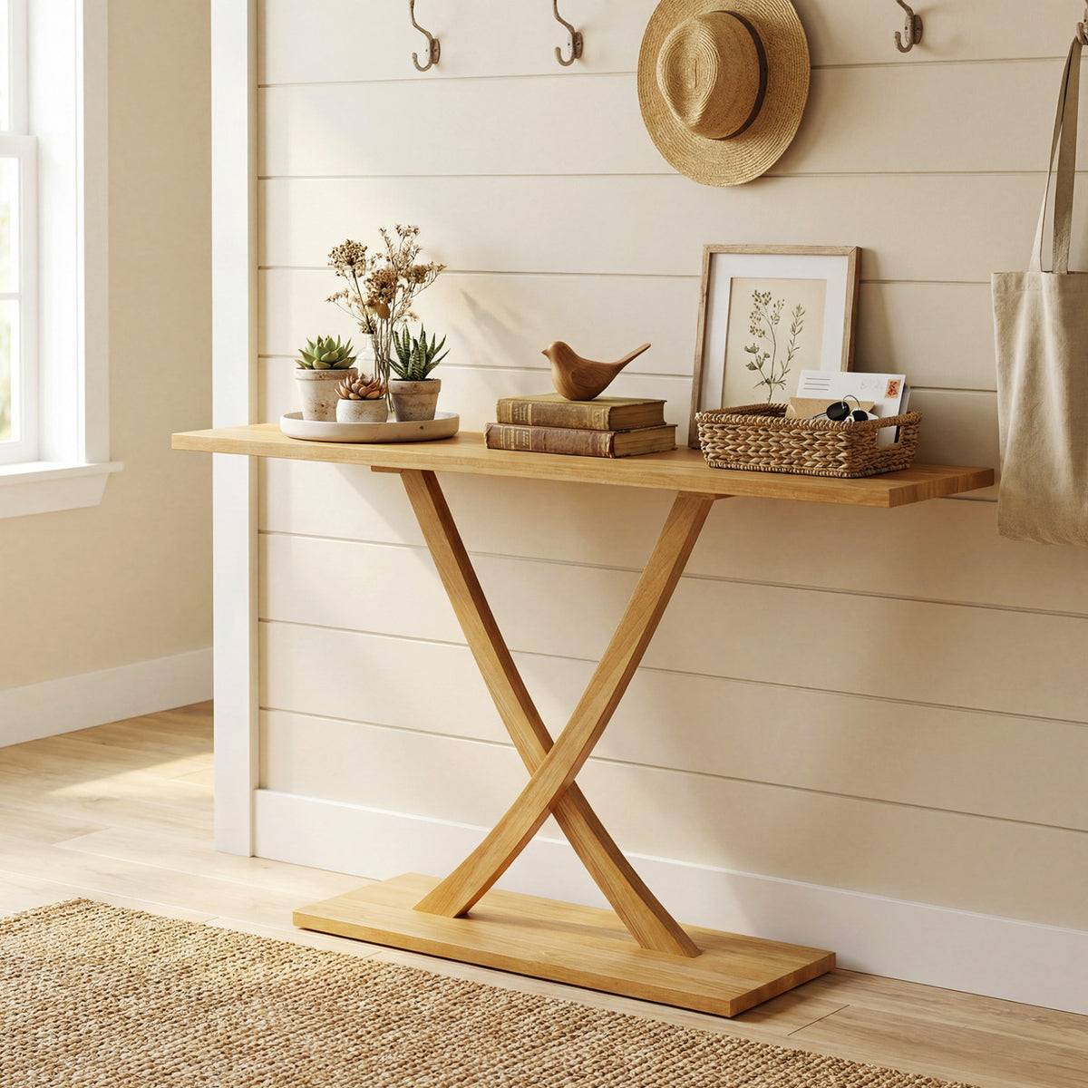 57" Teak Wood Console Table with Geometric Design
