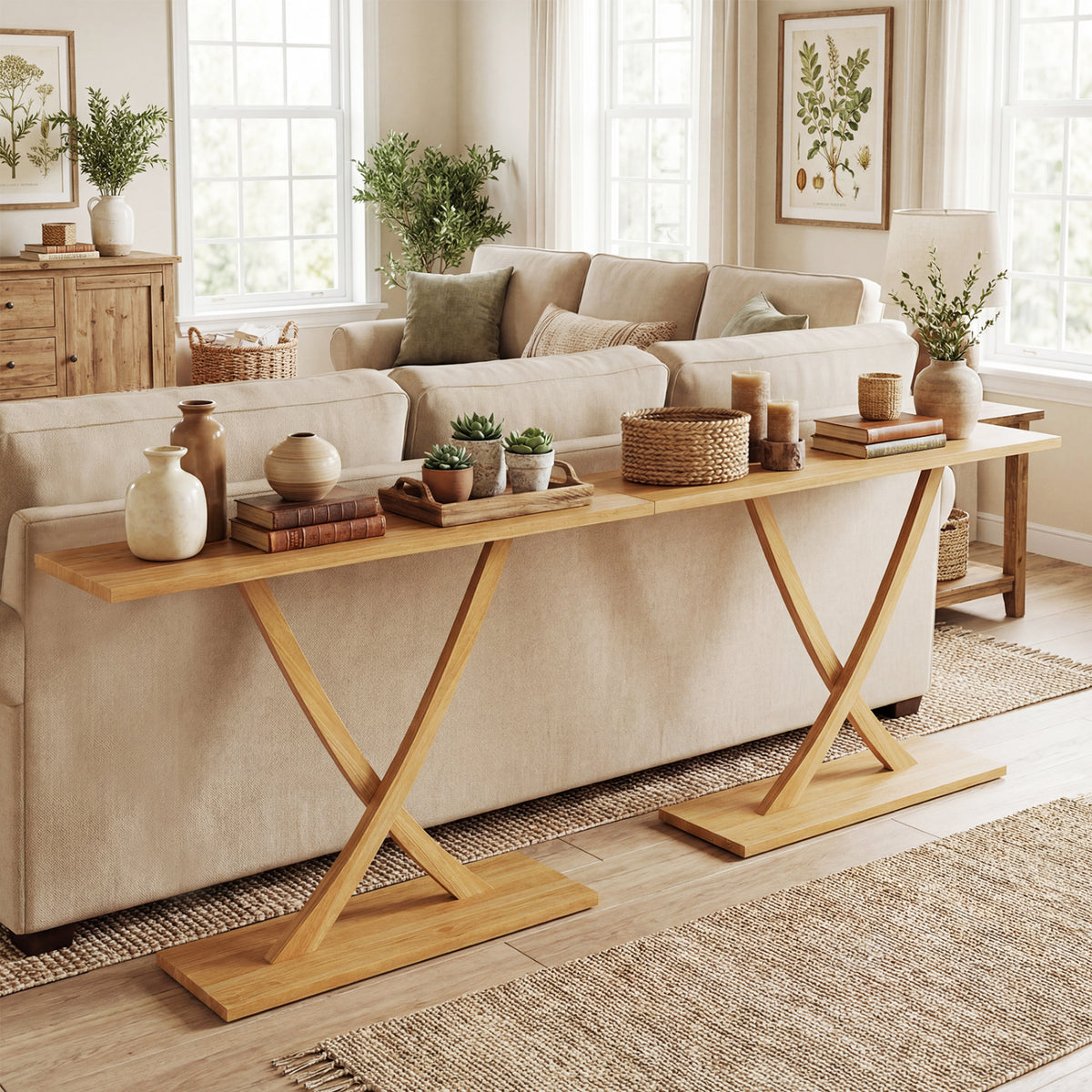 57" Teak Wood Console Table with Geometric Design