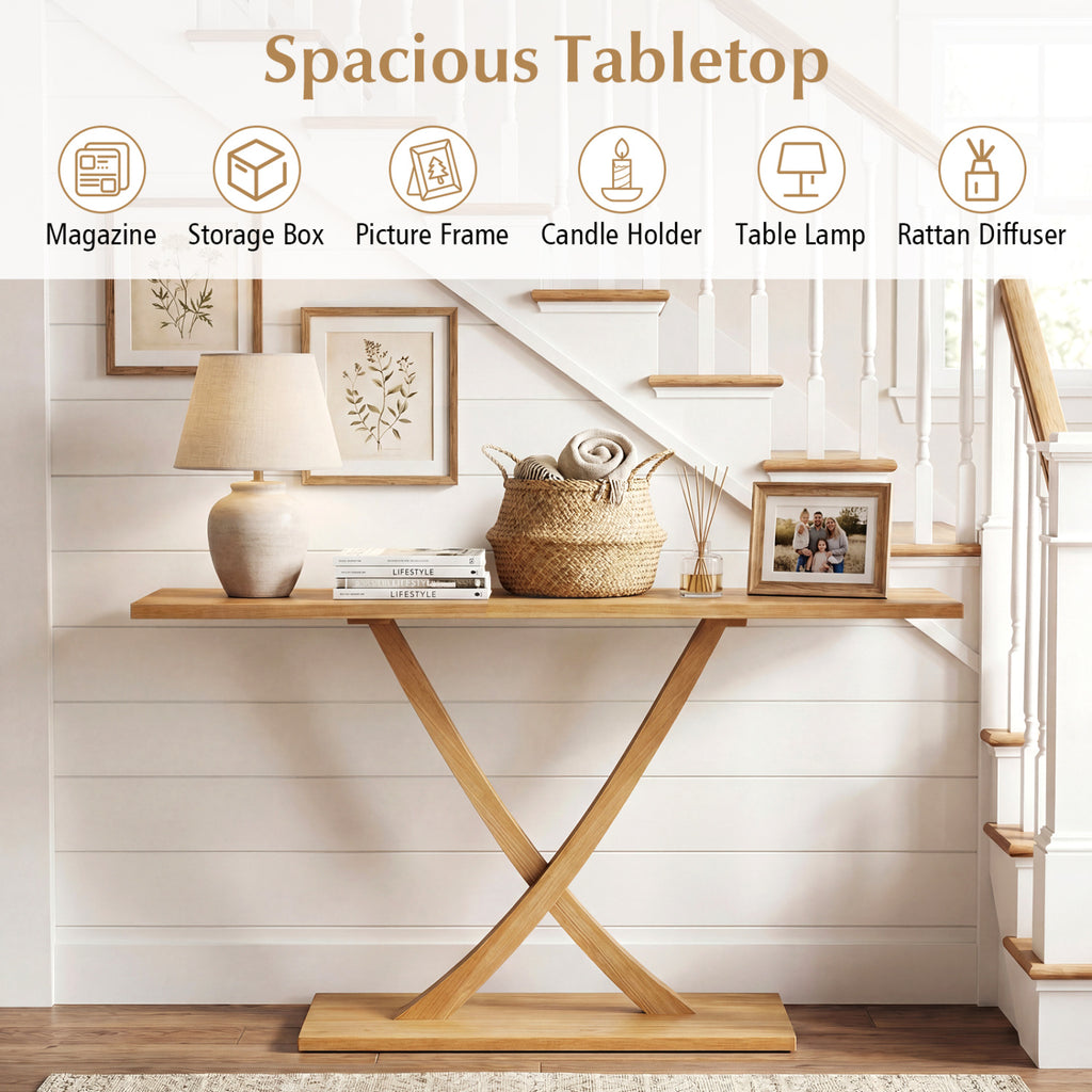 57" Teak Wood Console Table with Geometric Design