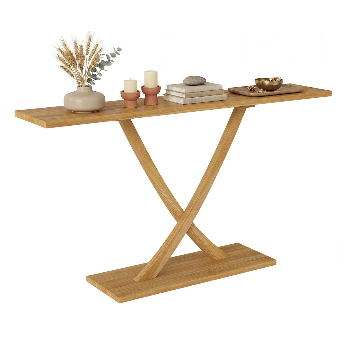 57" Teak Wood Console Table with Geometric Design