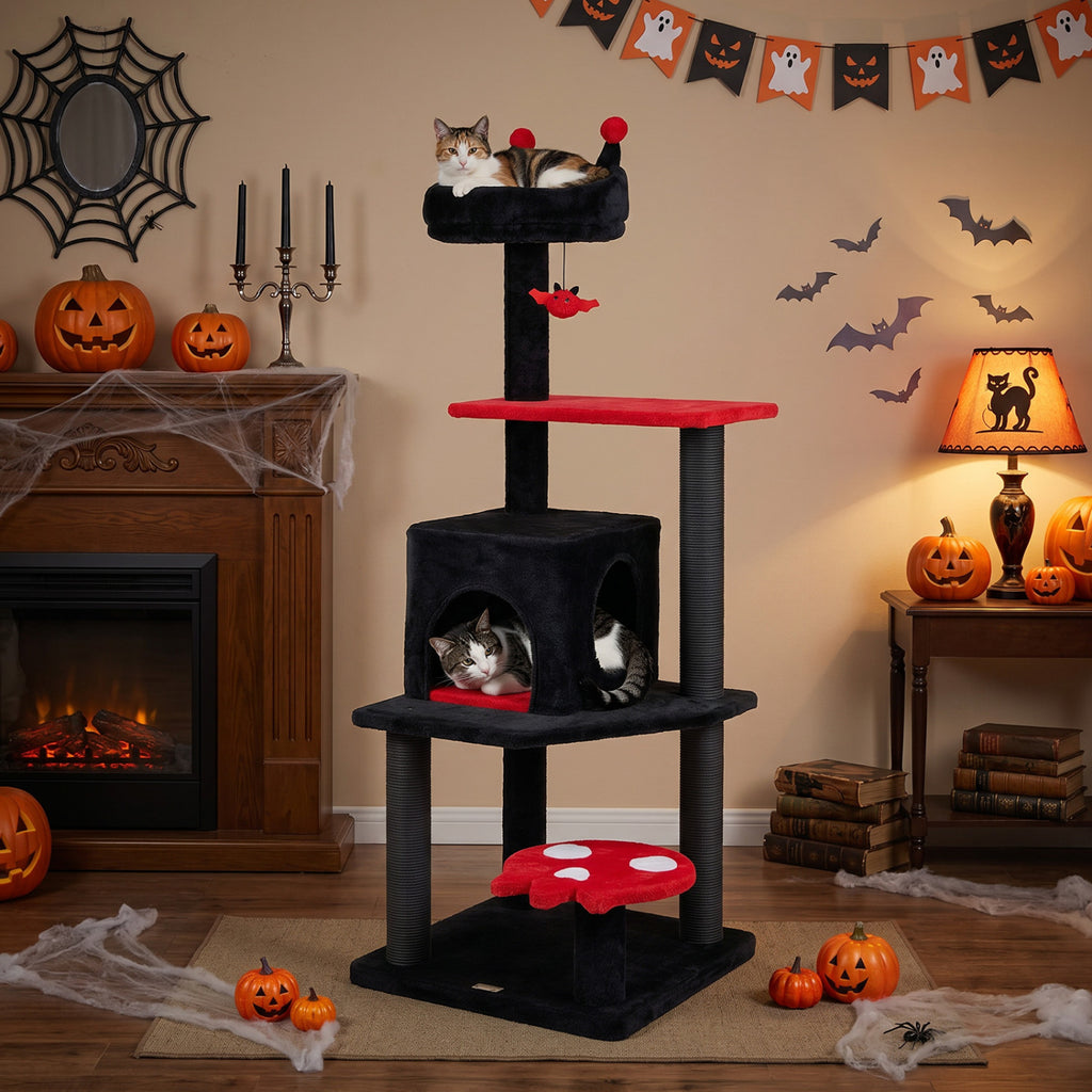 57-Inch Spooky Cat Tower with Padded Perch and Spider Toy - Red Variation