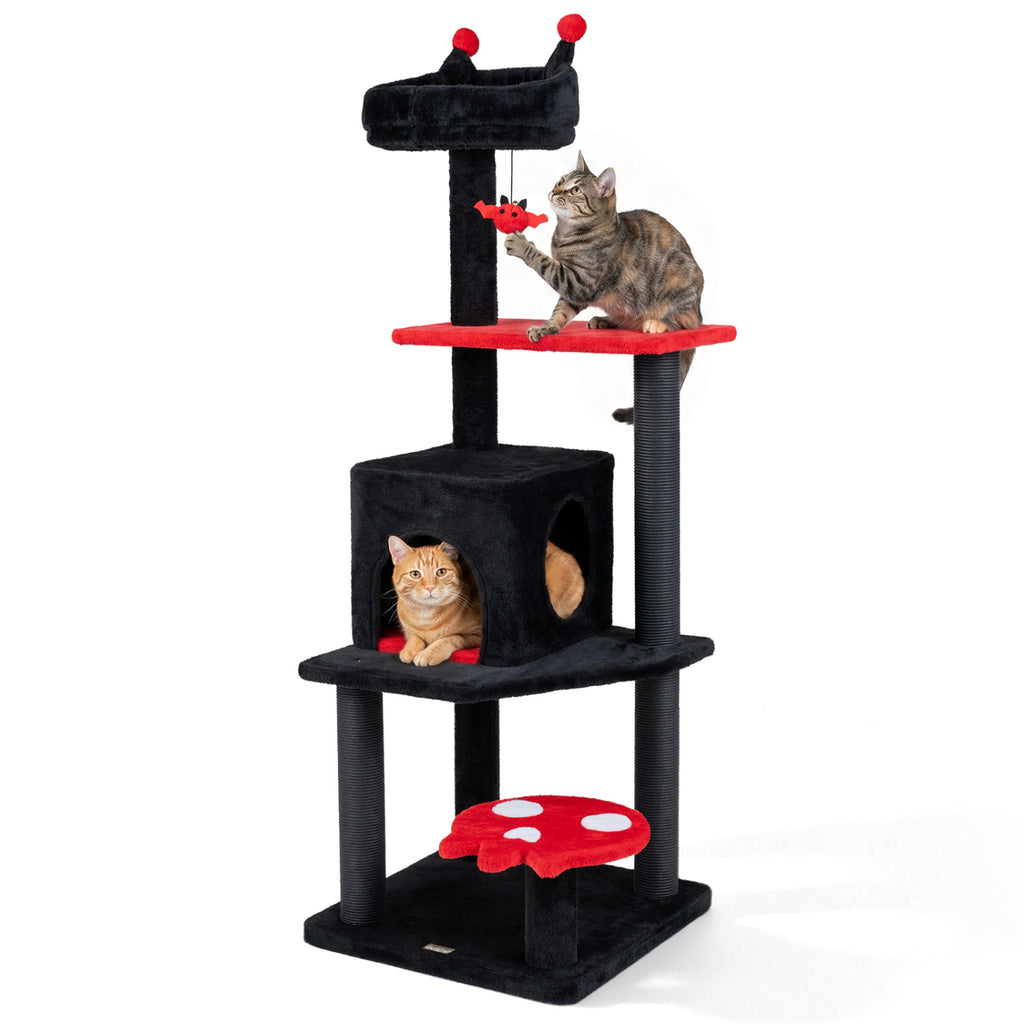57-Inch Spooky Cat Tower with Padded Perch and Spider Toy - Red Variation