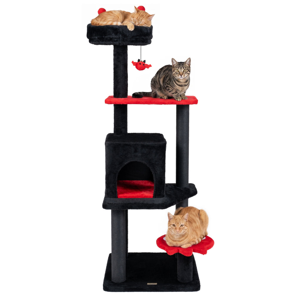 57-Inch Spooky Cat Tower with Padded Perch and Spider Toy - Red Variation