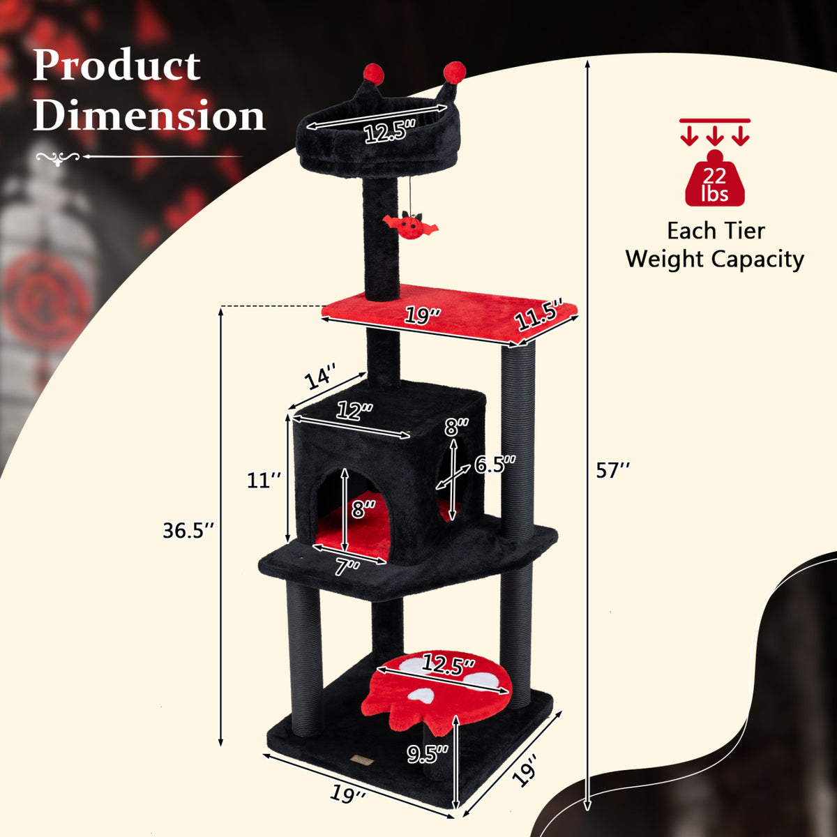 57-Inch Spooky Cat Tower with Padded Perch and Spider Toy - Red Variation