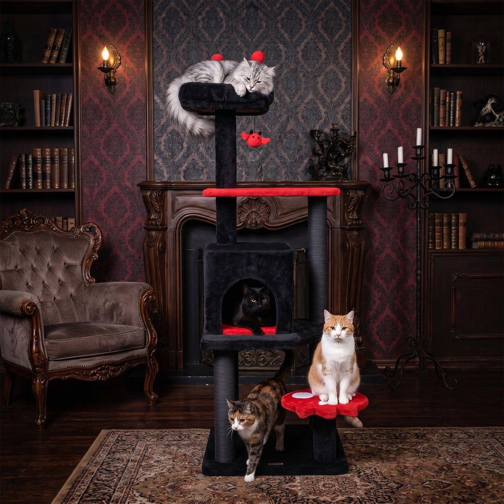 57-Inch Spooky Cat Tower with Padded Perch and Spider Toy - Red Variation