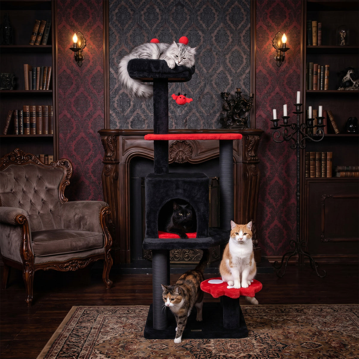 57-Inch Spooky Cat Tower with Padded Perch and Spider Toy - Red Variation