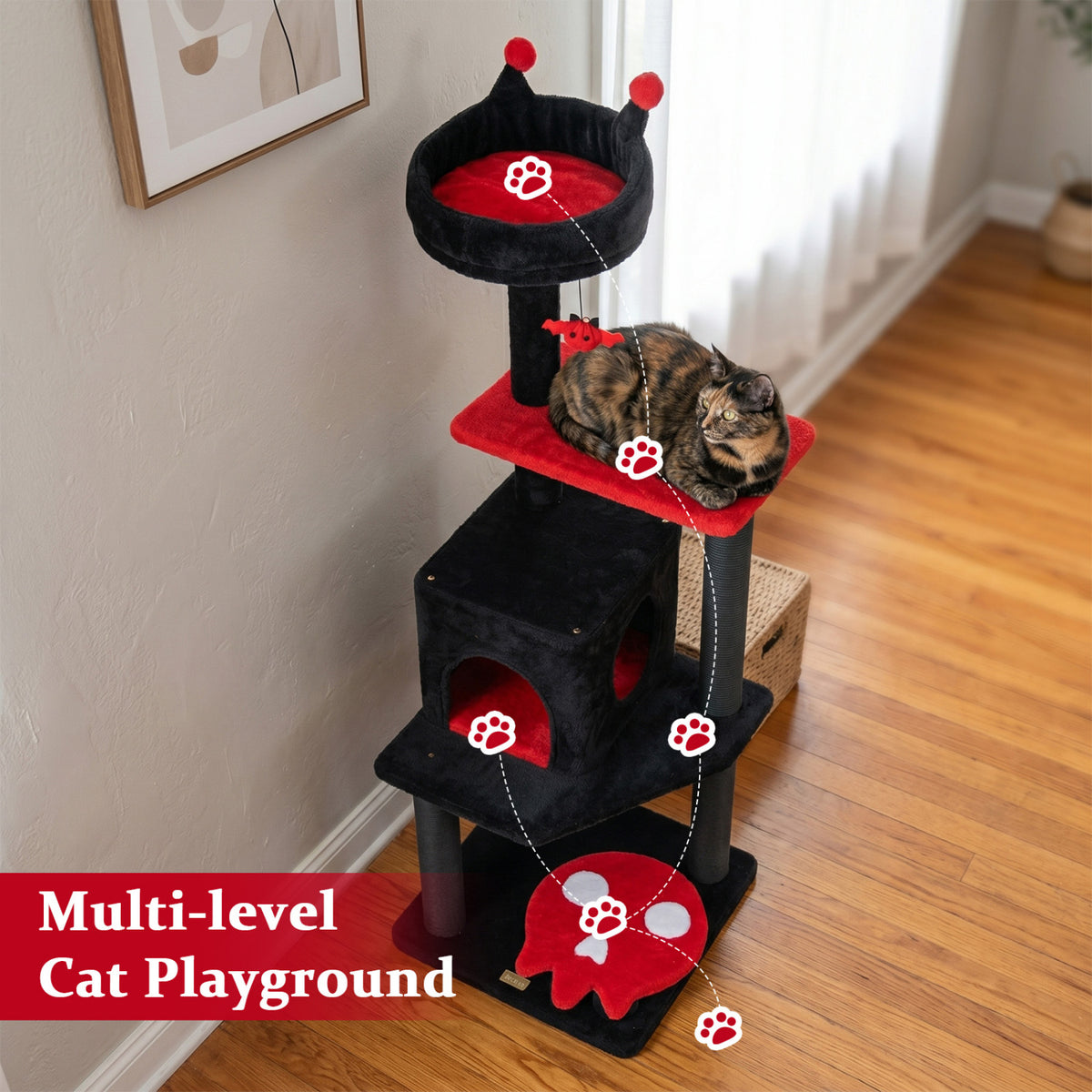 57-Inch Spooky Cat Tower with Padded Perch and Spider Toy - Red Variation