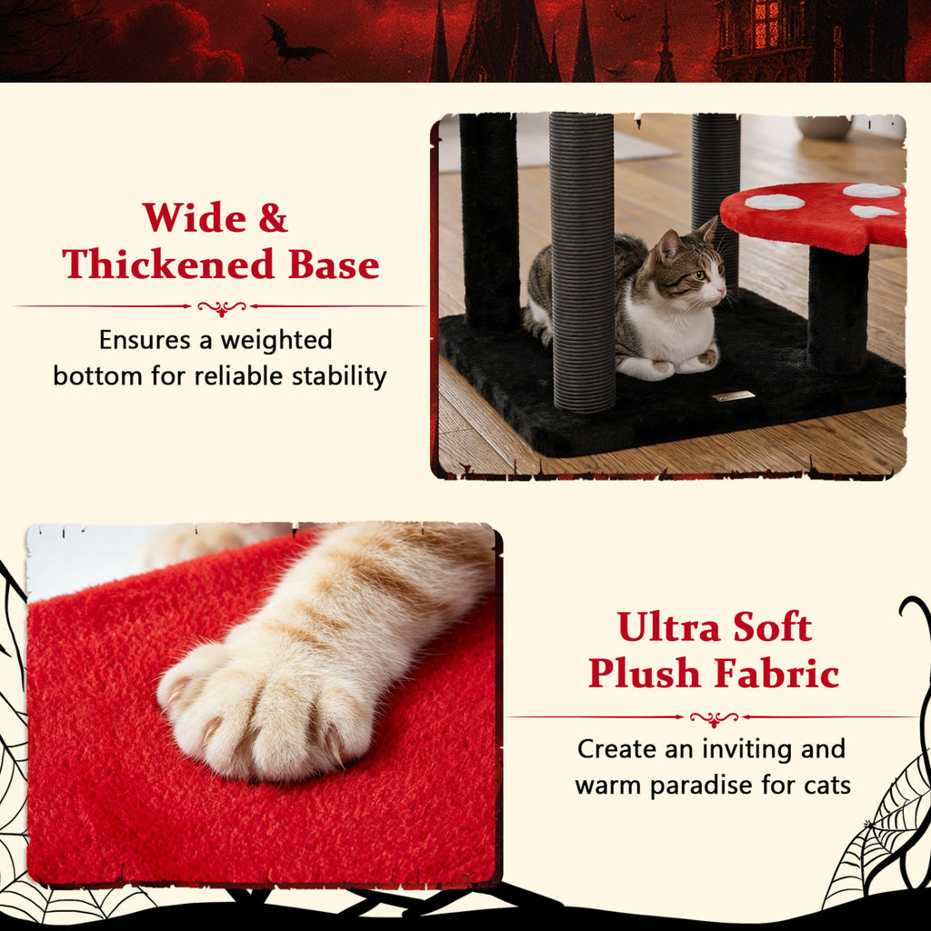 57-Inch Spooky Cat Tower with Padded Perch and Spider Toy - Red Variation